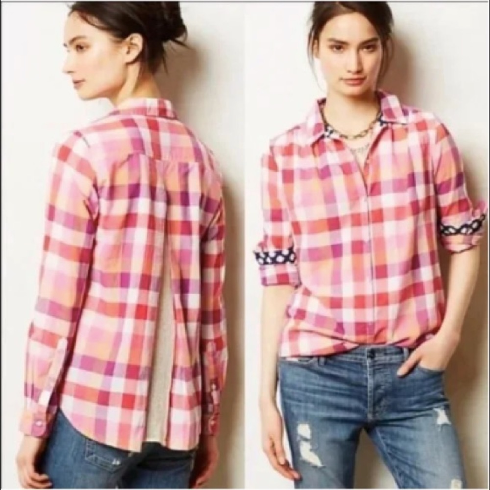 Isabella Sinclair Hibiscus Tea Pink Plaid Mixed Media Atlay Buttondown Shirt, XS